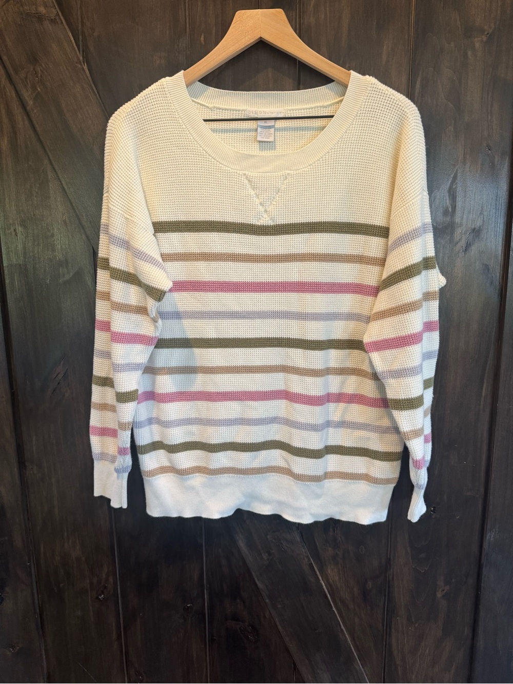 Design History Cream Striped Crewneck Sweater with Olive & Pink Accents